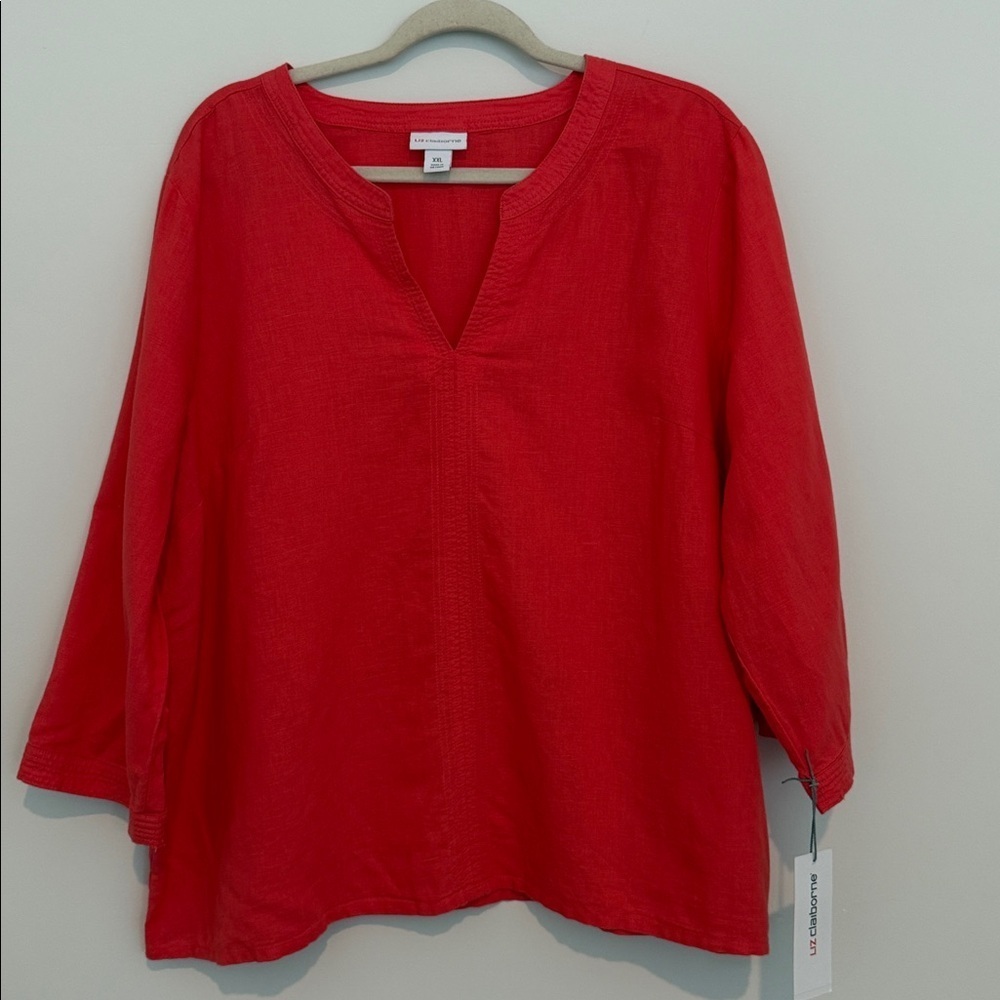 Liz Claiborne Vibrant Red/Coral Linen/Cotton Blend V-Neck Top Size XXL